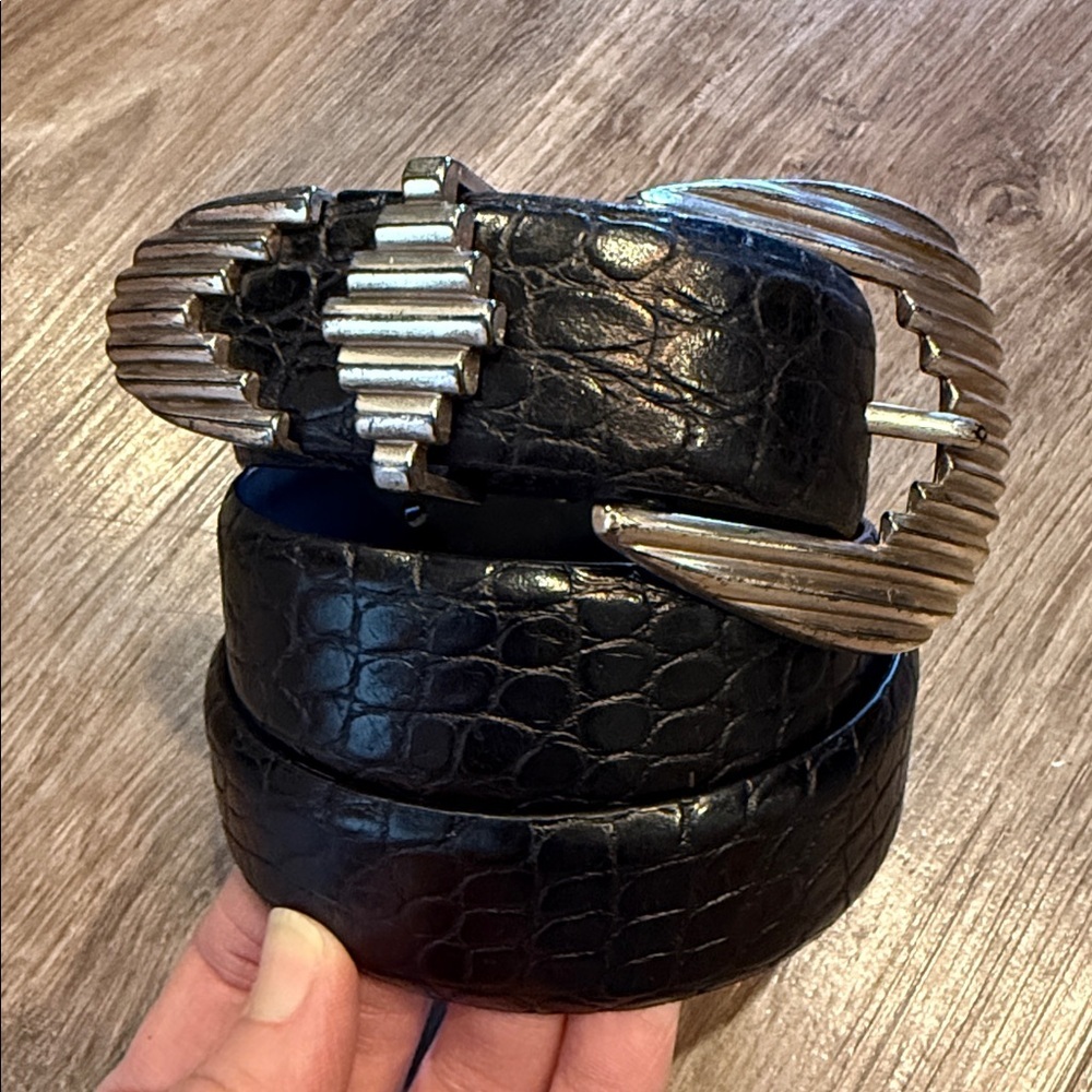 Vintage Western Black Alligator Leather Belt with Silver‎ Aztec Buckle Size M